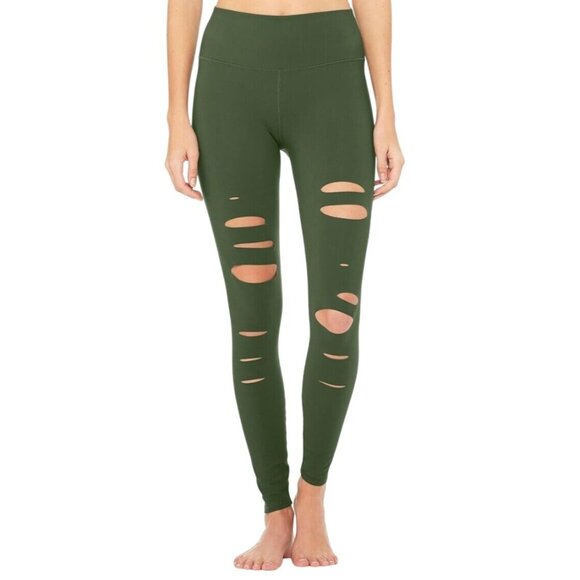 Alo Yoga Womens High Waisted Ripped Warrior Leggings Size XXS Hunter Green Athle - Picture 1 of 10